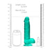 Turquoise crystal clear realistic dildo with balls, standing next to size comparison of a soda can and lipstick.