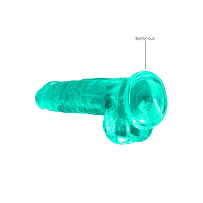 Turquoise crystal clear realistic dildo with suction cup base and textured surface for hands-free use.