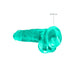 Turquoise crystal clear realistic dildo with suction cup base and textured surface for hands-free use.