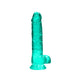Turquoise crystal clear realistic dildo with suction cup base and detailed texture.