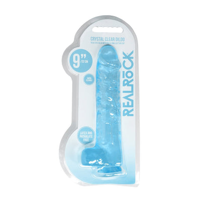 Blue crystal clear realistic dildo with balls in clear packaging, 9-inch flexible design by Realrock.