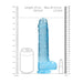 Blue crystal clear realistic dildo with suction base, shown with size comparison to a soda can and lipstick.