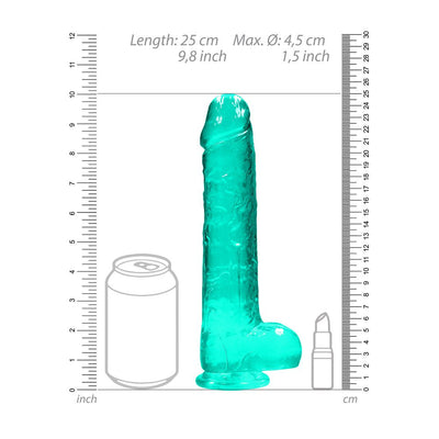 Turquoise realistic dildo with balls, 9.8 inches long, shown next to soda can and lipstick for size comparison.