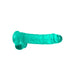 Turquoise crystal clear realistic dildo with balls and suction cup base, 9 inches long.