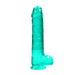 Turquoise crystal clear realistic dildo with suction cup base and detailed texture.