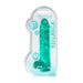 Turquoise 9-inch realistic dildo with suction cup in clear plastic packaging labeled Realrock Crystal Clear.
