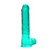 Turquoise crystal clear realistic dildo with balls and suction cup base, 9 inches tall.