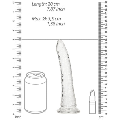 Clear 7-inch slim dildo with suction base shown next to soda can and lipstick for size comparison and measurement scale.