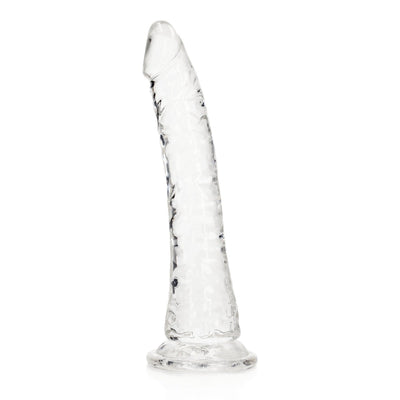 Clear slim 7-inch dildo with suction cup base, textured for realistic feel, made from body-safe transparent material.