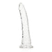 Clear slim 7-inch dildo with suction cup base, textured for realistic feel, made from body-safe transparent material.