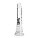 Clear slim 7-inch dildo with realistic texture and suction cup base for hands-free use.
