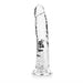 Clear slim 8-inch dildo with suction cup base, textured for realistic feel, made of body-safe transparent material.