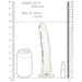 Clear 8.7-inch slim dildo with suction base, shown with size comparison to a soda can and lipstick.
