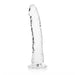 Clear slim 9-inch dildo with suction cup base, textured for realistic feel, made from body-safe transparent material.