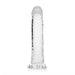 Clear slim 9-inch dildo with realistic texture and suction cup base for hands-free use.