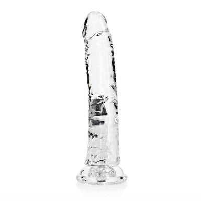 Clear 9-inch slim dildo with suction cup base, textured for realistic feel, made from body-safe transparent material.