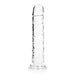 Clear crystal straight dildo with suction base, 11 inches long, phthalate-free and body-safe design.