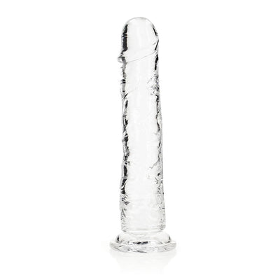 Clear 11-inch straight dildo with suction cup base, realistic texture, and phthalate-free body-safe material.