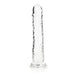 Clear 11-inch straight dildo with suction cup base, realistic texture, and phthalate-free body-safe material.