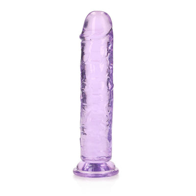 Purple crystal clear 7-inch straight dildo with suction cup base, smooth and textured design.