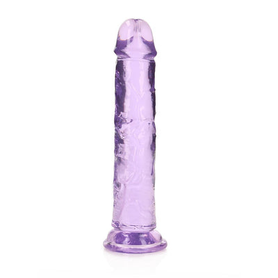 Crystal clear purple 7-inch straight dildo with suction cup base, smooth and textured design.