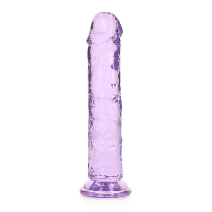 Crystal clear purple 7-inch straight dildo with suction base, textured for realistic feel and hands-free use.