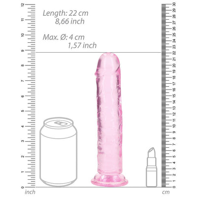 Pink crystal clear straight dildo with suction base, shown with size comparison to a can and lipstick, measuring 8.66 inches long.