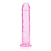 Crystal clear pink 8-inch straight dildo with suction cup base, phthalate-free and body-safe material.