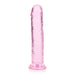 Pink crystal clear straight dildo with suction cup base, 8 inches long, smooth and textured design.