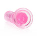 Pink crystal clear straight dildo with suction cup base, 8 inches long, smooth and body-safe design.