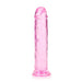 Pink crystal clear straight dildo with suction cup base, 8 inches long, smooth and realistic texture.