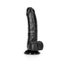 Black curved realistic dildo with detailed veins, textured balls, and suction cup base on white background.