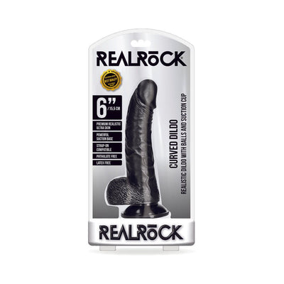 Realrock 6-inch curved black dildo with balls and suction cup in clear retail packaging.