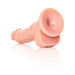 Curved realistic dildo with textured shaft, balls, and suction cup base in natural skin tone.