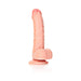 Curved realistic dildo with detailed veins, balls, and suction cup base in natural skin tone, 6 inches long.