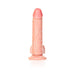 Realistic curved dildo with textured veins, balls, and suction cup base in natural skin tone.