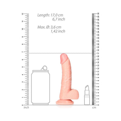 Realistic curved dildo with suction cup and balls, shown with size comparison to a can and lipstick, measuring 6.7 inches long.