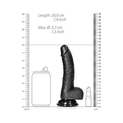 Black curved realistic dildo with suction cup and textured veins, shown with size comparison to a can and lipstick.