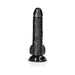 Black curved realistic dildo with textured veins, detailed glans, balls, and suction cup base on white background.