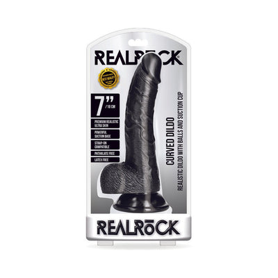 Realrock 7-inch curved black dildo with suction cup and balls in clear retail packaging