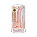 Realrock 7-inch curved realistic dildo with balls and suction cup in clear packaging with product details visible.