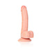 Curved realistic dildo with detailed veins, balls, and suction cup base in natural skin tone.