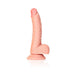 Curved realistic dildo with textured veins, detailed glans, attached balls, and suction cup base in flesh tone.