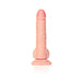 Realistic curved dildo with veins, detailed glans, balls, and suction cup base in natural skin tone.
