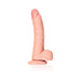 Light-toned curved realistic dildo with textured veins, balls, and suction cup base on white background.