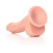 Light-colored curved realistic dildo with suction cup base and attached balls on white background.