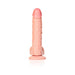Light-colored curved realistic dildo with suction cup base and detailed texture standing upright on white background.