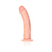 Curved vanilla-colored realistic dildo with suction cup base standing upright on white background.