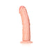Vanilla-colored curved realistic dildo with suction cup base standing upright on white background