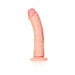 Curved realistic dildo in vanilla color with suction cup base standing upright on white background.